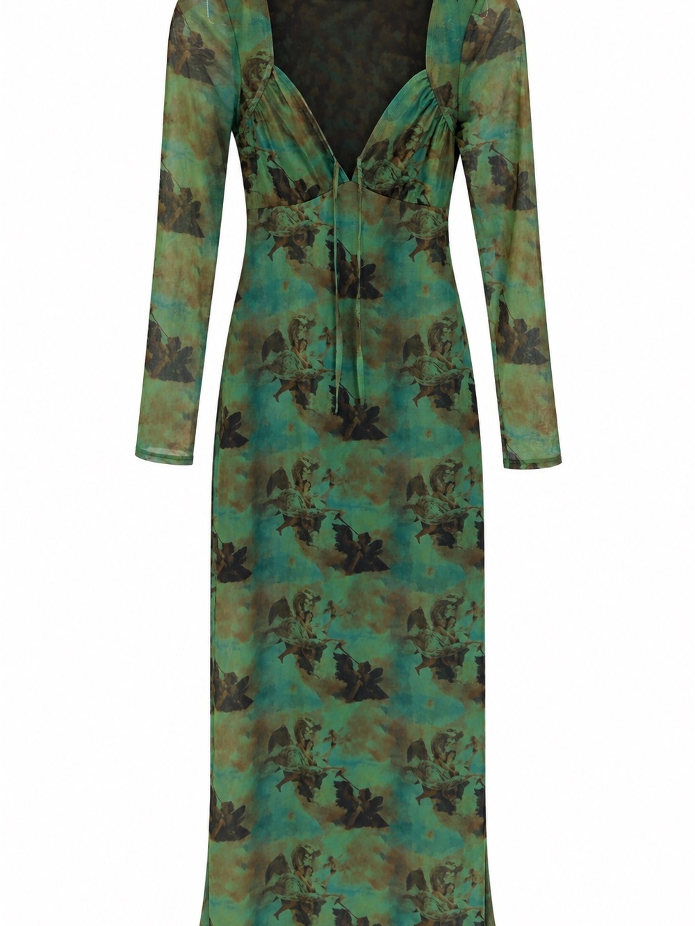 Collusion green printed mesh long sleeve maxi dress